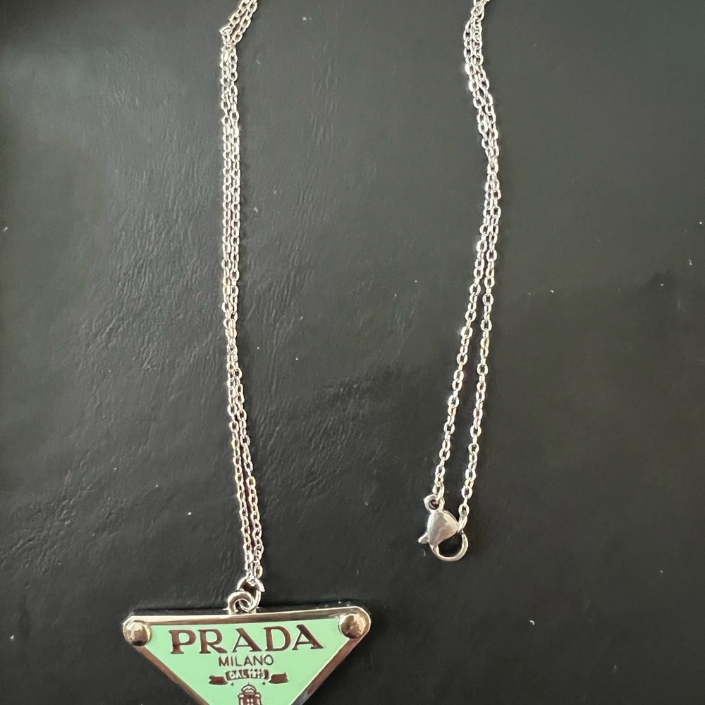 PRADA SILVER & MINT TRIANGLE PENDANT with ADDED UNBRANDED 18”CHAIN - Picture 3 of 7